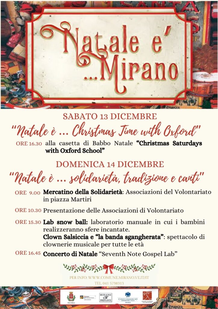 Programma “Natale è… Mirano”: 13 e 14 dicembre canti e solidarietà