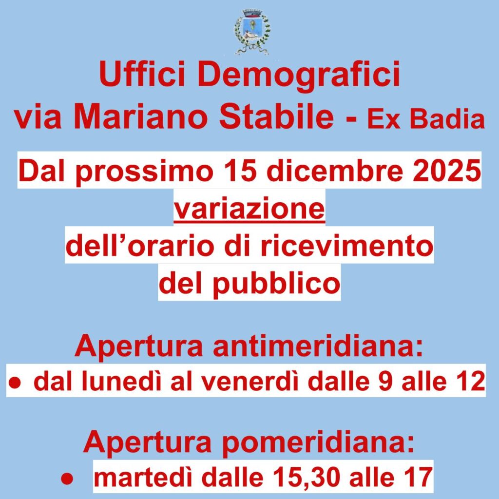 Uffici Demografici: Dal 15 dicembre modifica all’orario di ricevimento del pubblico