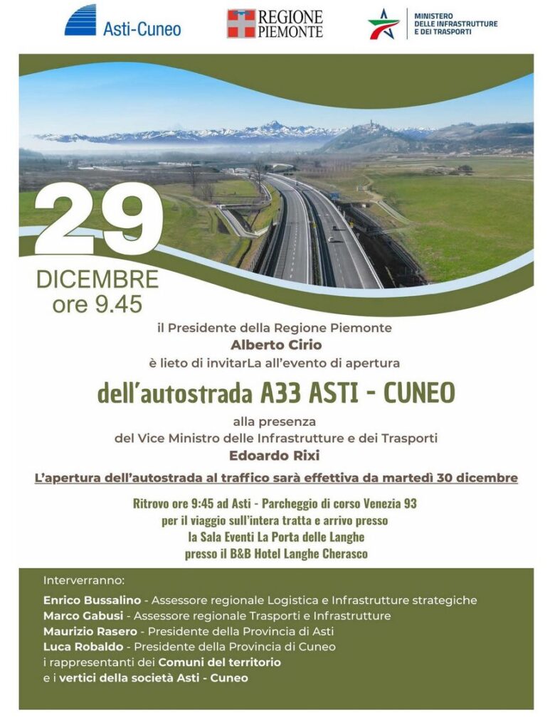 INVITO STAMPA – 29 DICEMBRE EVENTO DI APERTURA DELL’AUTOSTRADA ASTI-CUNEO