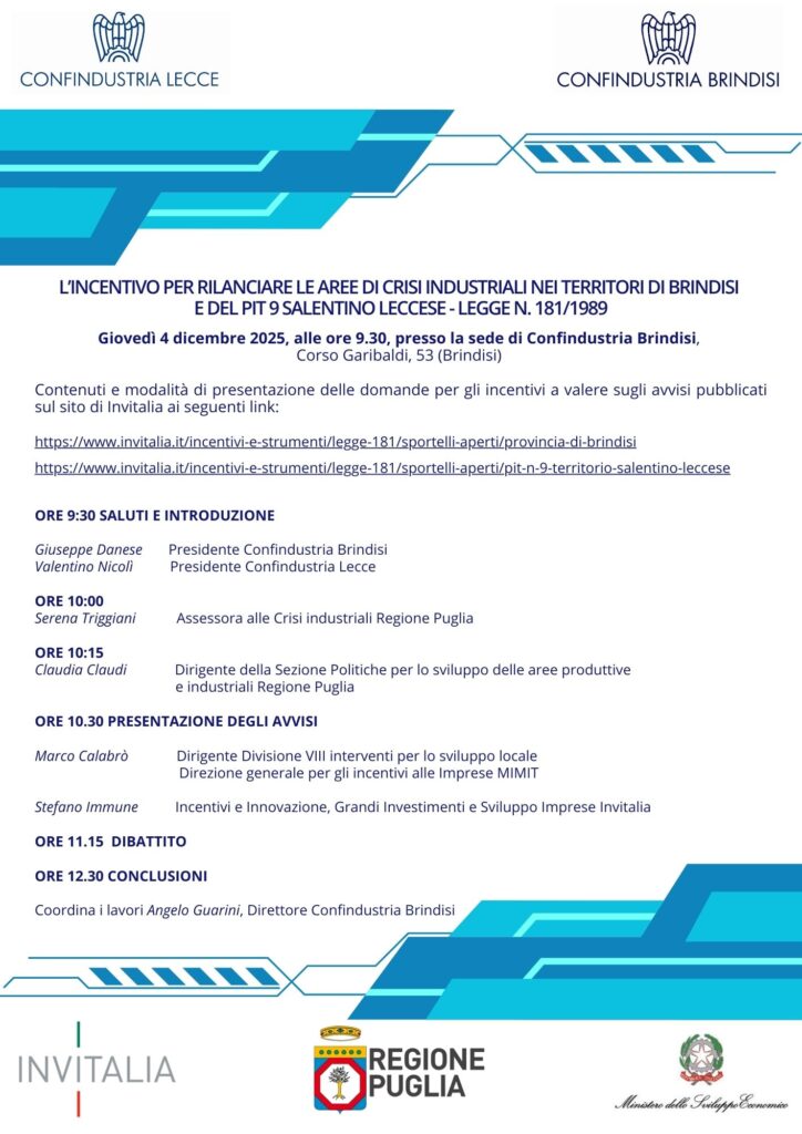 L’INCENTIVO PER RILANCIARE LE AREE DI CRISI INDUSTRIALI – Giovedì 4 dicembre 2025, alle ore 9.30, presso Confindustria Brindisi
