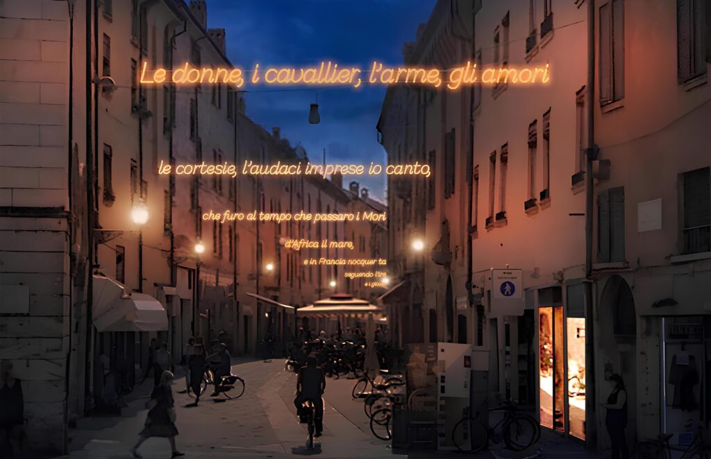 FERRARA 30 ANNI UNESCO: DOMANI 7 DICEMBRE SI ACCENDE LA ‘VIA MAZZINI, VIA DEL RINASCIMENTO’. I VERSI DELL’ORLANDO FURIOSO ILLUMINANO UNA DELLE VIE PIÙ SUGGESTIVE DEL CENTRO STORICO