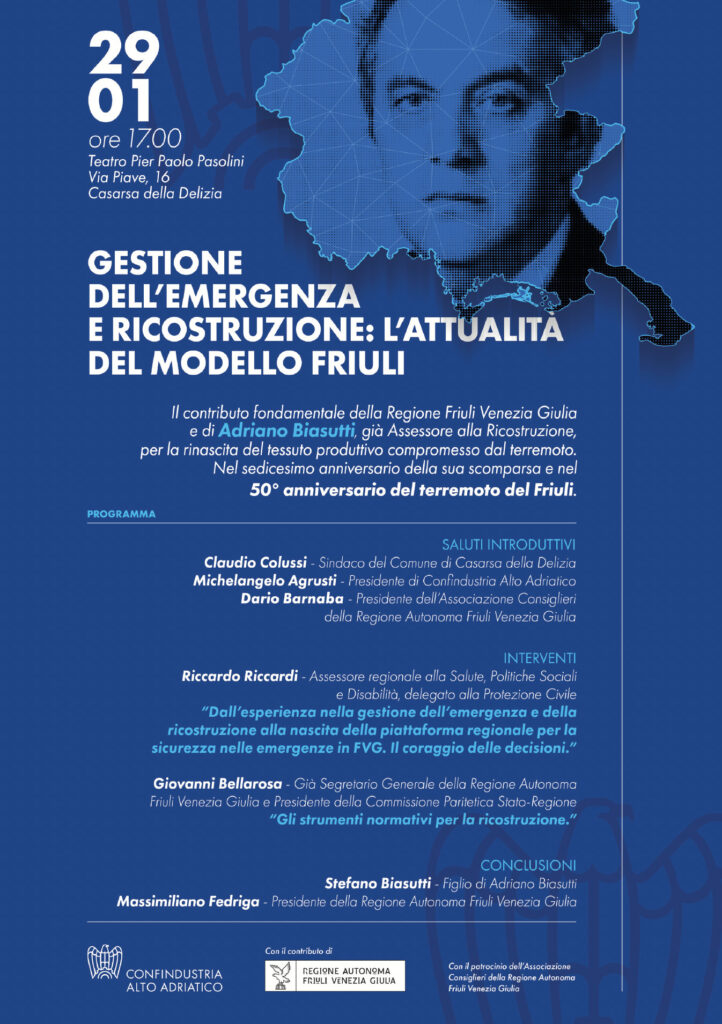 INVITO PER LA STAMPA – DOMANI (29) ALLE 17 A CASARSA «GESTIONE DELL’EMERGENZA E RICOSTRUZIONE: L’ATTUALITÀ DEL MODELLO FRIULI» | CON COLUSSI, AGRUSTI, BARNABA, RICCARDI, FEDRIGA E STEFANO BIASUTTI