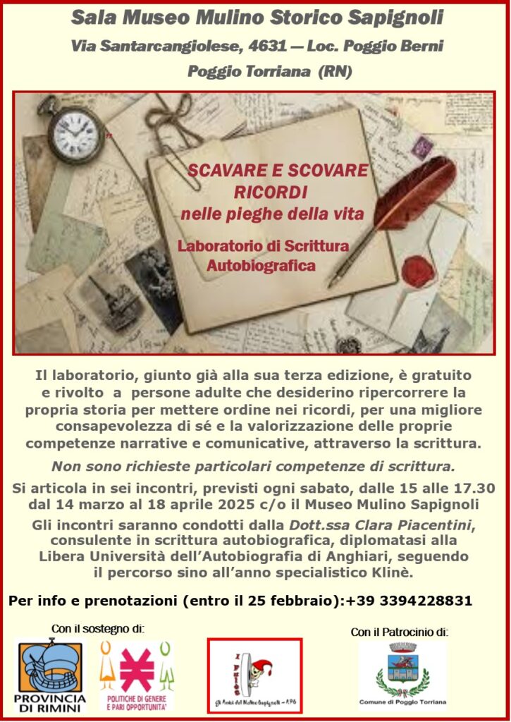 Provincia di Rimini/APERTE LE ISCRIZIONI AL CORSO GRATUITO DI SCRITTURA AUTOBIOGRAFICA A POGGIO TORRIANA