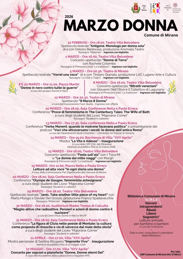 Programma “Marzo Donna 2026”: 17 eventi dal 22 febbraio al 17 maggio a Mirano (Ve)