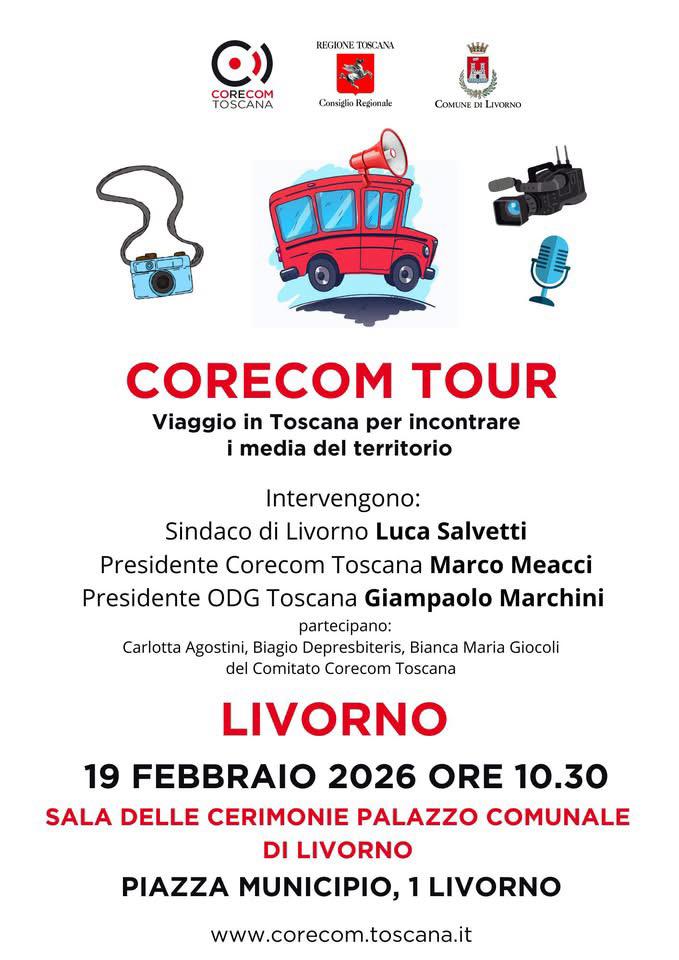 INVITO PER GLI OPERATORI DELL’INFORMAZIONE: Il CORECOM- Comitato toscano per le comunicazioni sarà giovedì 19 febbraio alle 10.30 a Livorno per uno scambio con gli operatori dell’informazione delle province della Toscana Nord Ovest