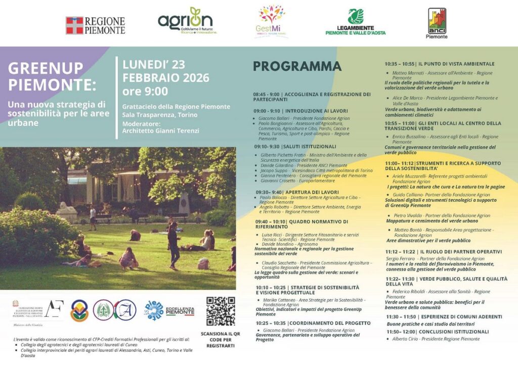 invito stampa – PRESENTAZIONE DI “GREENUP PIEMONTE: UNA NUOVA STRATEGIA DI SOSTENIBILITÀ PER LE AREE URBANE” – LUNEDÌ 23 FEBBRAIO ORE 9 NEL GRATTACIELO DELLA REGIONE