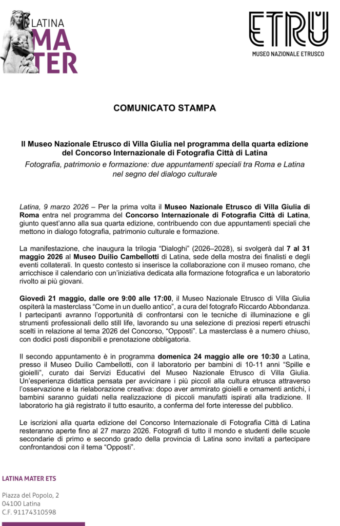 Il Museo Nazionale Etrusco di Villa Giulia nel programma della quarta edizione del Concorso Internazionale di Fotografia Città di Latina