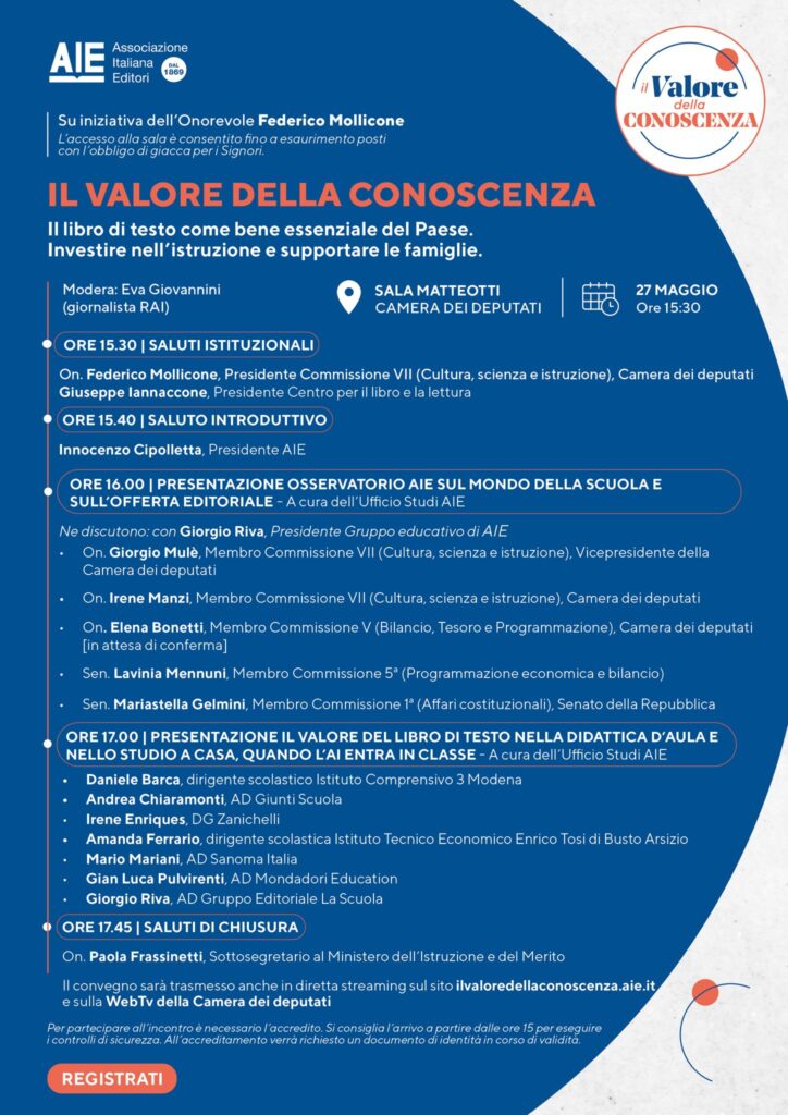 Il valore della conoscenza – Il libro di testo come bene essenziale del Paese – Investire nell’istruzione e supportare le famiglie – Mercoledì alle 15.30 diretta webtv – Interviene Mulè