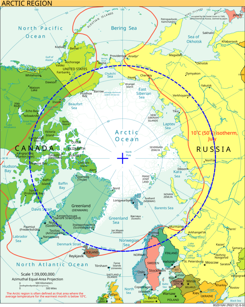 Mappa della regione artica con il Circolo Polare Artico evidenziato in blu. L'area rappresenta il fulcro delle attuali tensioni strategiche e geopolitiche tra la Russia e le nazioni aderenti alla NATO.
