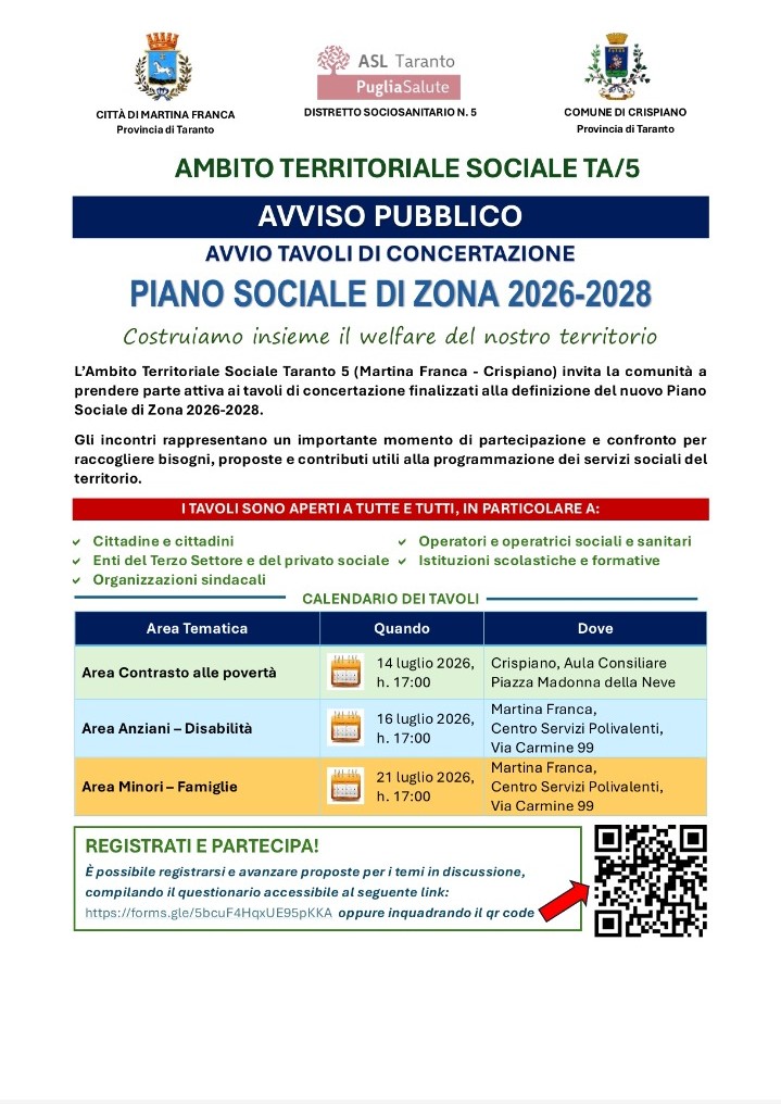 CS Piano Sociale di Zona 2026-2028 dell’Ambito Territoriale Sociale TA5 Martina Franca – Crispiano