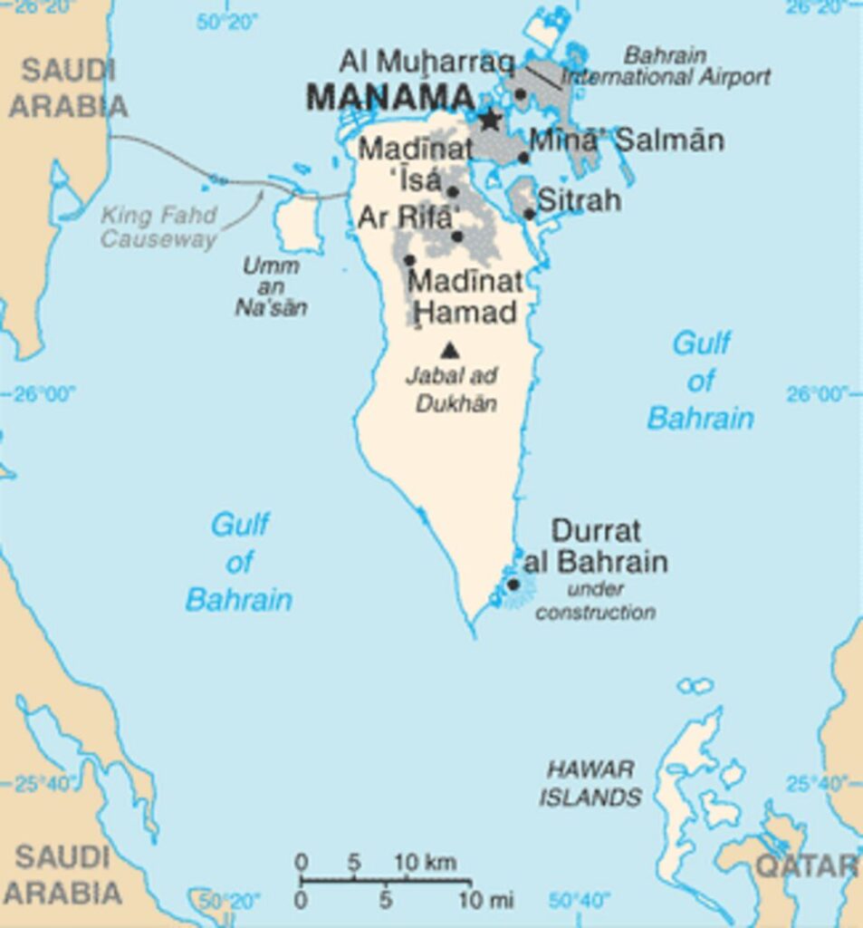 "Mappa geografica del Bahrein nel Golfo Persico".