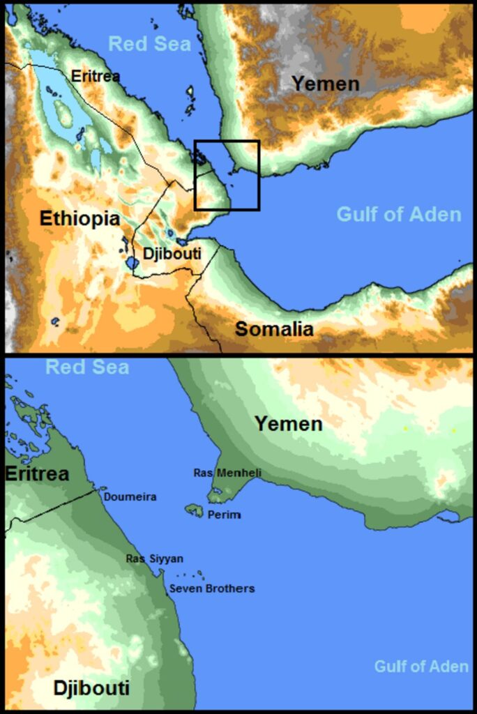Mappa geografica dello stretto di Bab el-Mandab, il cruciale punto di strozzatura che collega il Mar Rosso al Golfo di Aden. L'area è al centro delle attuali tensioni geopolitiche e delle restrizioni al traffico marittimo che stanno costringendo le grandi petroliere e le navi commerciali a deviare verso rotte alternative.