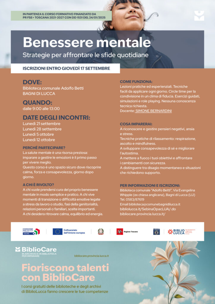 BIBLIOCARE – Un corso gratuito per imparare strategie per affrontare le sfide quotidiane e raggiungere il benessere mentale