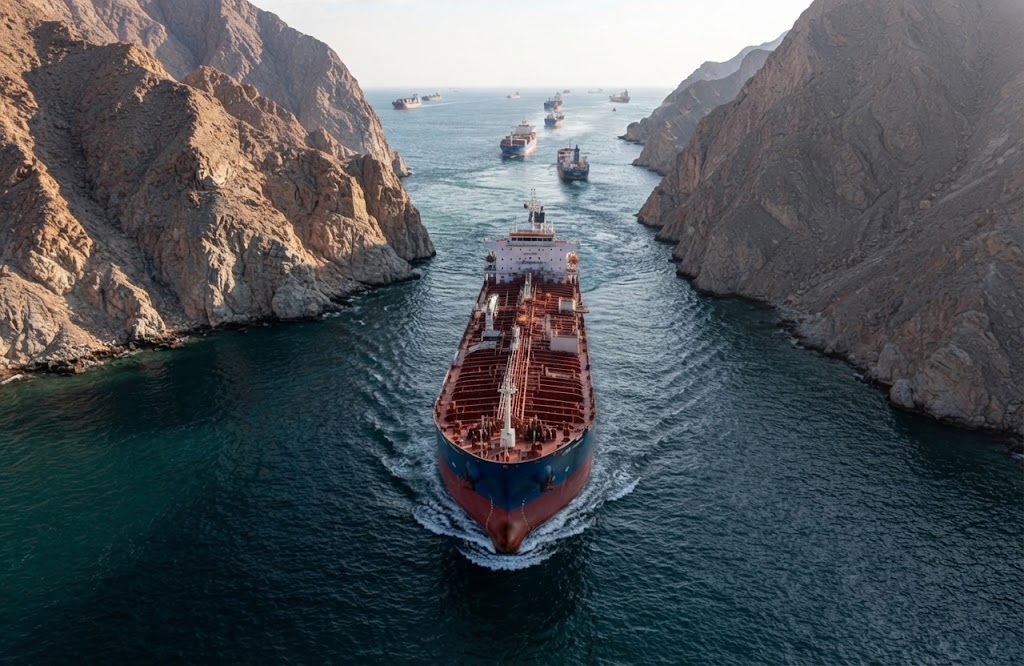 Sanzioni USA contro l’Iran e blocco energetico: Teheran condanna le nuove restrizioni di Washington Il collo di bottiglia globale: Vista aerea ravvicinata di una grande petroliera in transito nel canale naturale dello Stretto di Hormuz. L'immagine evidenzia la criticità geografica di questo choke point marittimo, dove l'orografia costiera impone una rotta obbligata per il traffico energetico mondiale, rendendo l'arteria vulnerabile a blocchi operativi e tensioni militari. (Foto: Elaborazione AI / Credit: Agenparl)