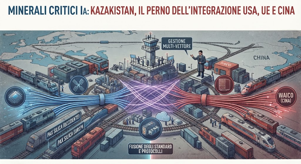 Il Kazakistan al bivio tra Pax Silica e l’asse digitale di Pechino: la sfida del “multi-vettore” Il Kazakistan al centro del risiko geoeconomico: l'interconnessione pragmatica tra gli standard tecnologici occidentali di Pax Silica e l'architettura digitale cinese di WAICO, lungo le direttrici del Corridoio di Mezzo.