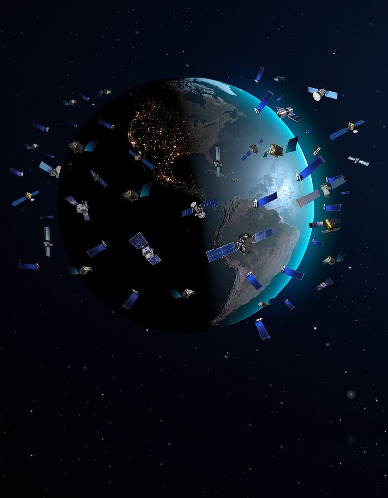 Rappresentazione artistica di una fitta costellazione di satelliti in orbita bassa (LEO), simile alla rete Starlink che la Russia sta cercando di emulare con il progetto Rassvet.