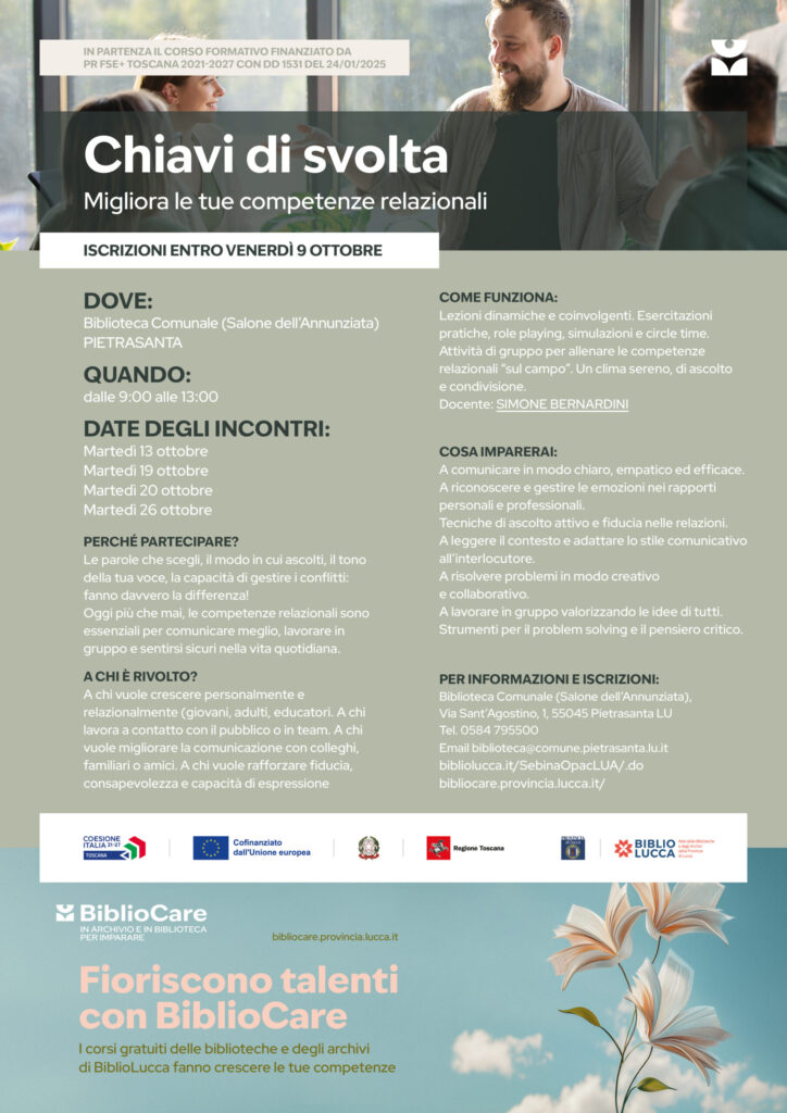 BIBLIOCARE – “Chiavi di svolta” a Pietrasanta: iscrizioni aperte fino al 9 ottobre