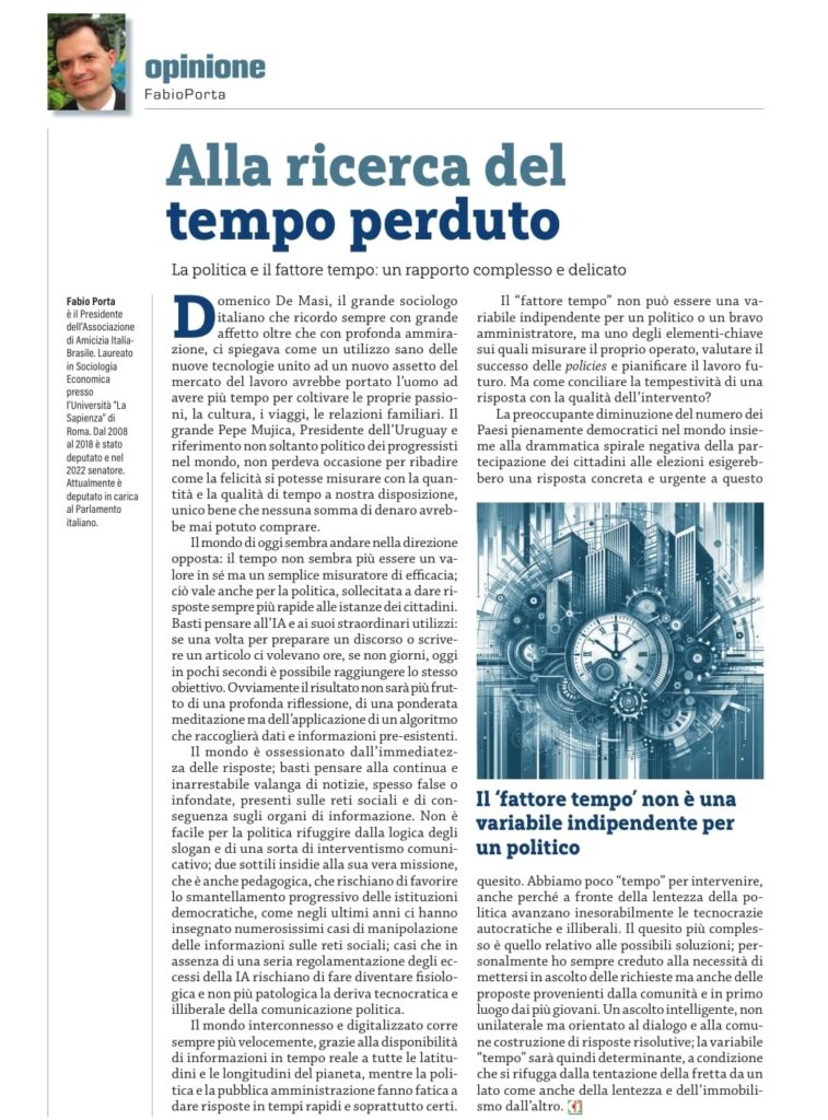 🔴 Alla ricerca del tempo perduto 🔴 L’articolo dell’on. Fabio Porta per «Comunità italiana» (settembre 2026)