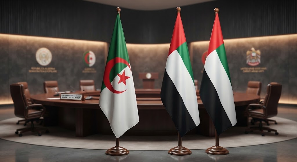 ROTTURA DIPLOMATICA NEL GOLFO: L’ALGERIA INTERROMPE I RAPPORTI CON GLI EMIRATI ARABI UNITI Bandiere ufficiali di Algeria ed Emirati Arabi Uniti in un contesto di rottura diplomatica.