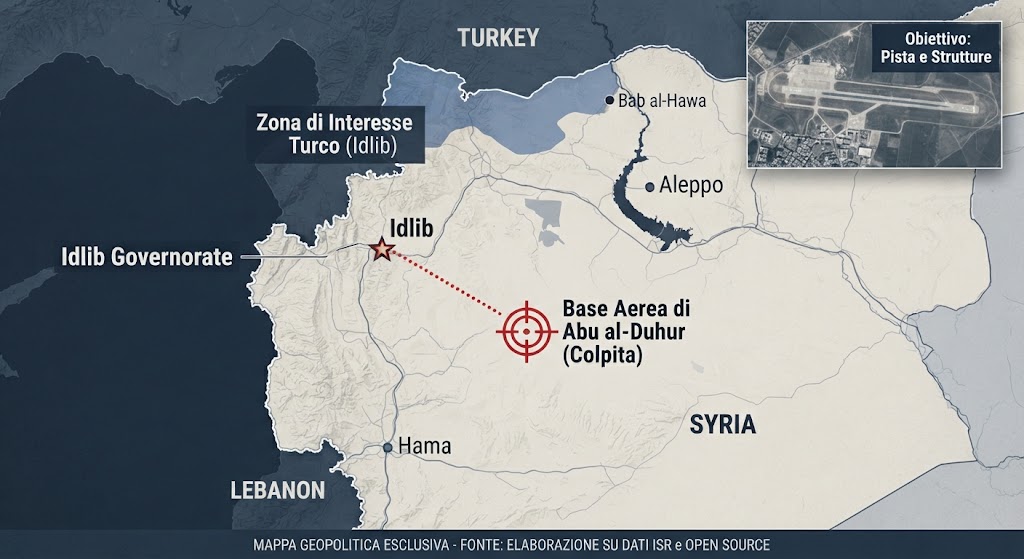 Israele alza la linea rossa in Siria: i raid mirati per arginare l’influenza della Turchia Mappa geopolitica della Siria nord-occidentale che evidenzia l'area di Idlib, il confine turco e la base aerea di Abu al-Duhur colpita dai raid israeliani.