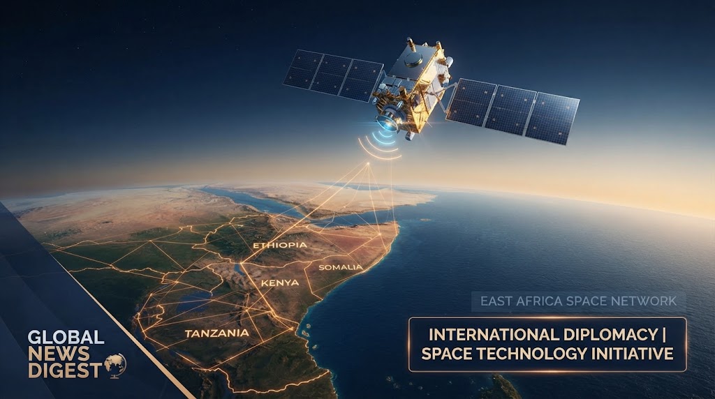 Corno d’Africa e nuovi equilibri: la sfida spaziale della Somalia e il dialogo tra Mosca e Addis Abeba "Grafica editoriale che mostra un satellite in orbita sopra la costa dell'Africa orientale, con la rete di comunicazione East Africa Space Network che si estende su Kenya, Tanzania, Etiopia e Somalia."