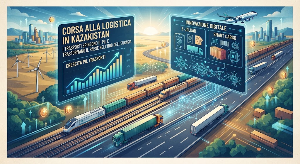 Logistica in Kazakistan: i trasporti spingono il PIL e trasformano il Paese nell’hub dell’Eurasia Illustrazione digitale sulla logistica in Kazakistan: treni, camion e un aereo si intersecano con un'interfaccia olografica che mostra titolo, grafici e le piattaforme digitali E-Joldar e Smart Cargo. Simboleggia crescita ed efficienza.
