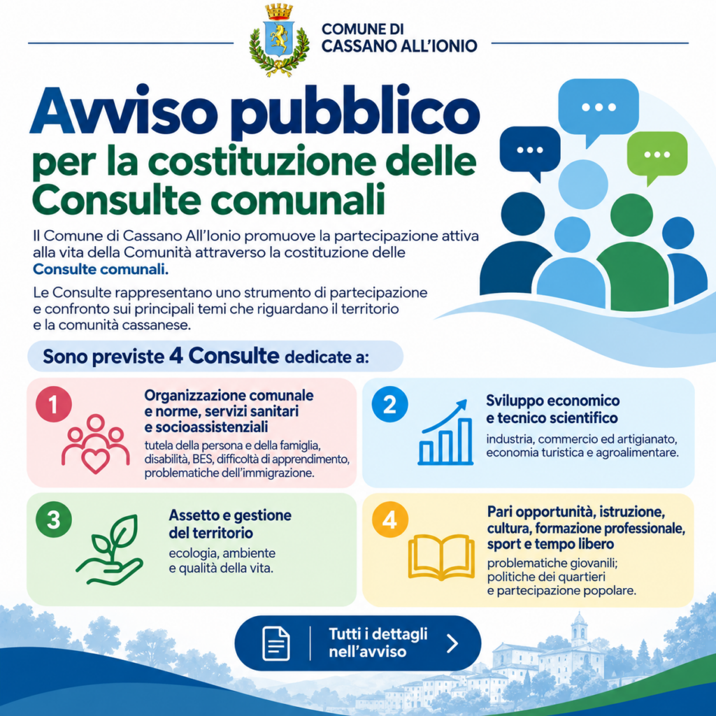 Cassano All’Ionio, pubblicato l’avviso per la costituzione delle Consulte comunali