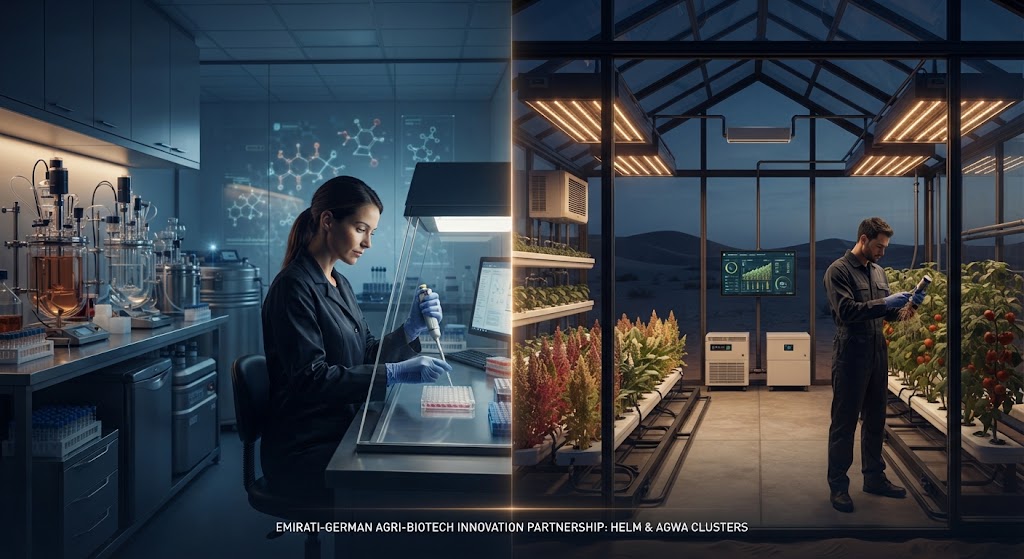 EAU e Germania: l’accordo tra ADIO e Bayer espande la cooperazione industriale tra transizione energetica, agro-tech nel deserto e terapie avanzate Grafica editoriale per l'accordo tra EAU e Bayer: integrazione tra ricerca farmaceutica e agro-tech nel deserto.