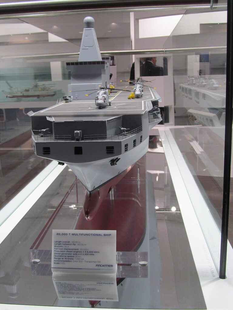Un modello della nave multifunzionale da 20.000 tonnellate di Fincantieri, presentato a Nuova Delhi. La cantieristica navale è al centro delle prospettive di collaborazione industriale tra Italia e India.
