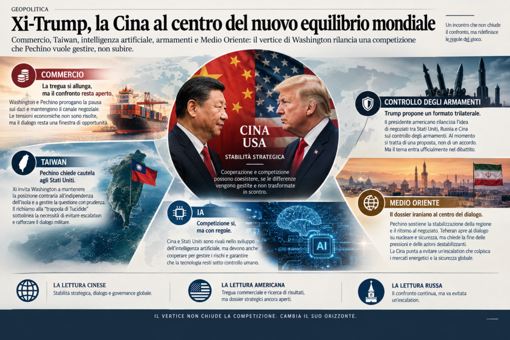 Xi Jinping e Donald Trump al centro del confronto tra Cina e Stati Uniti su commercio, Taiwan, IA, armamenti e Medio Oriente