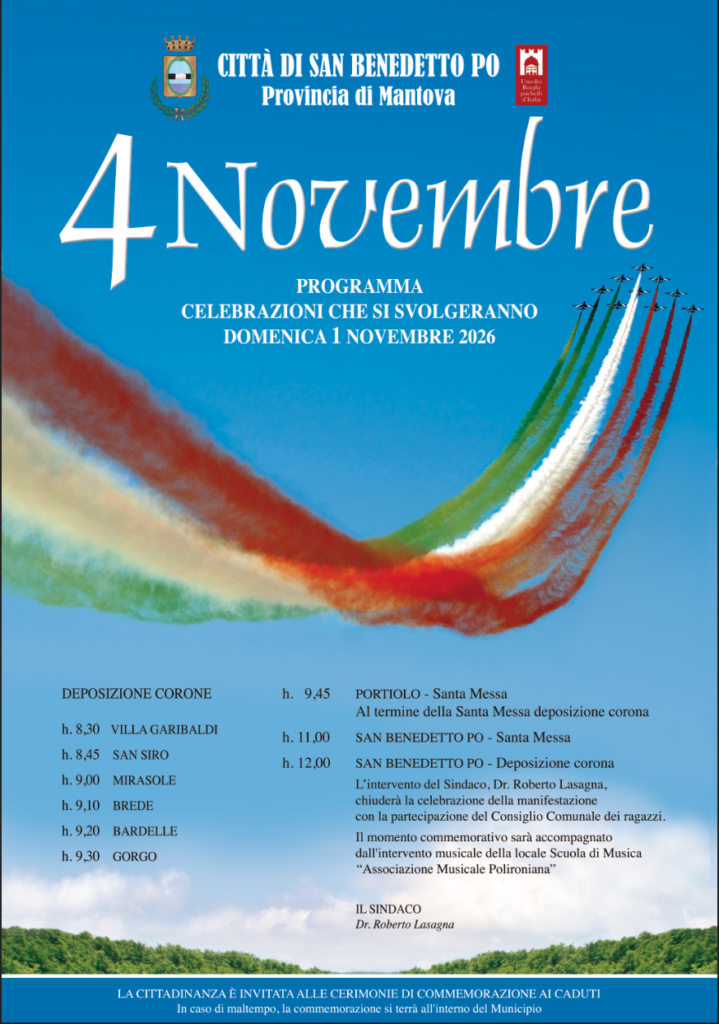 CELEBRAZIONI DEL 4 NOVEMBRE che si svolgeranno domenica 1 novembre 2026