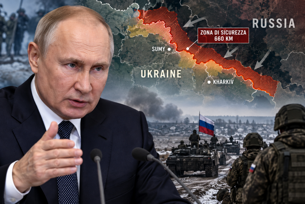 Ucraina, Putin dichiara non negoziabile la zona cuscinetto Vladimir Putin davanti a una rappresentazione illustrativa della zona cuscinetto russa lungo il confine ucraino, nelle aree di Sumy e Kharkiv.
