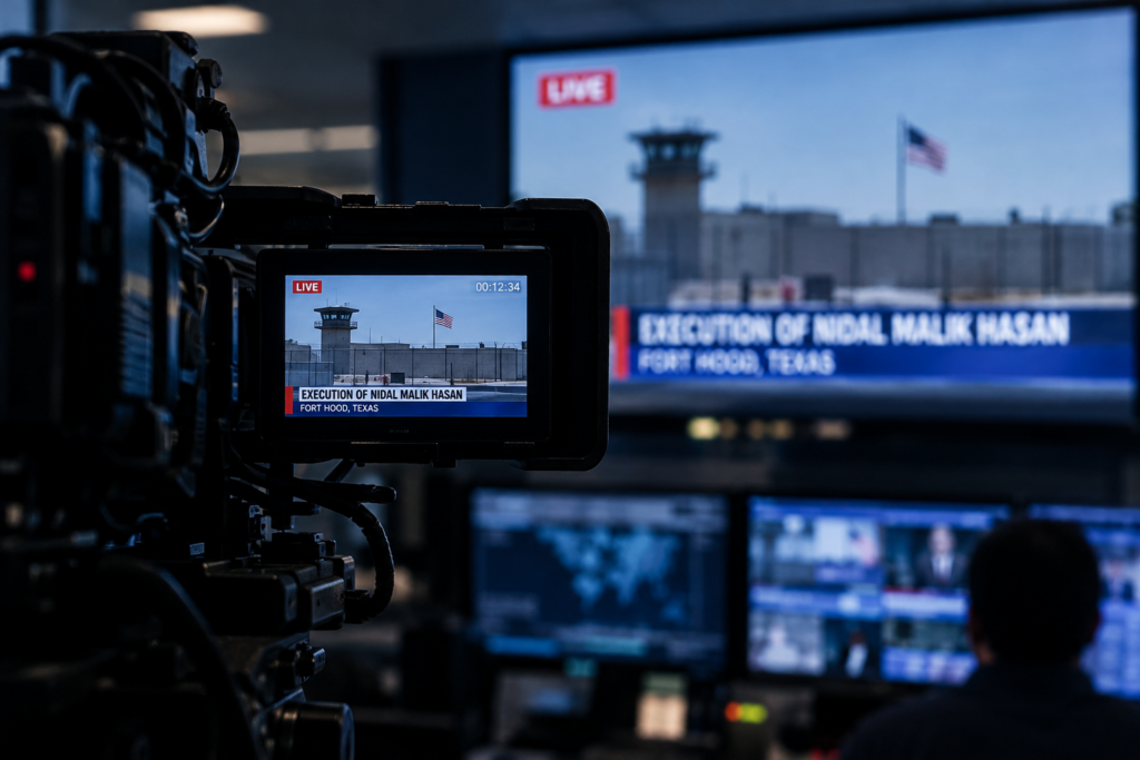 Una telecamera riprende simbolicamente il luogo dell’esecuzione annunciata per Nidal Malik Hasan, prevista a Fort Hood, in Texas, il 3 dicembre 2026. Il Pentagono ha confermato che l’esecuzione sarà trasmessa in diretta. Immagine illustrativa generata con IA.