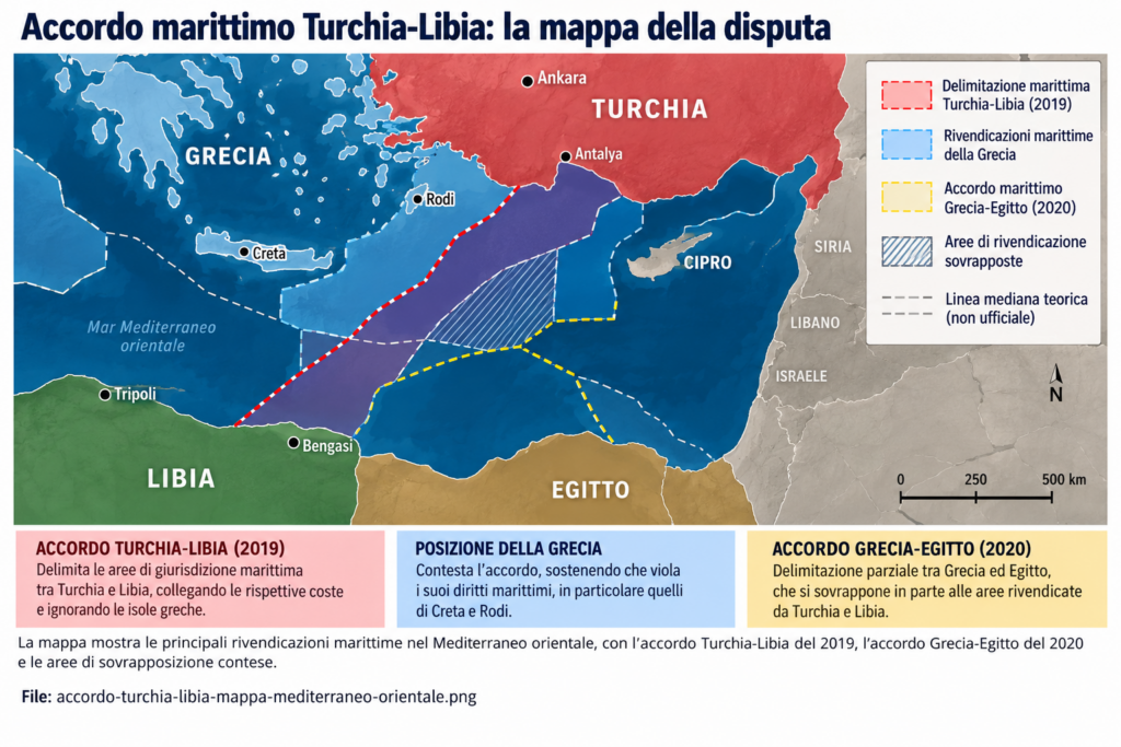 La Turchia conquista anche la Libia di Haftar Mappa illustrativa dell'accordo marittimo Turchia-Libia e delle rivendicazioni di Grecia ed Egitto nel Mediterraneo orientale.
