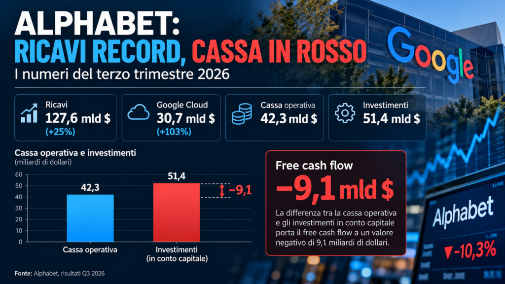 Infografica finanziaria di Alphabet con ricavi per 127,6 miliardi di dollari, investimenti per 51,4 miliardi e free cash flow negativo di 9,1 miliardi nel terzo trimestre 2026.