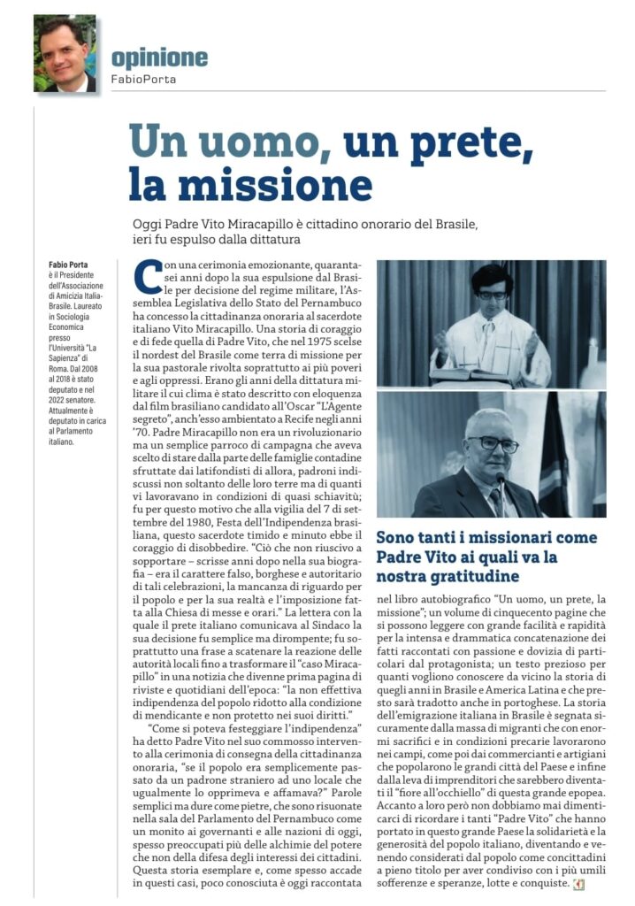 🔴 Un uomo, un prete, la missione 🔴 L’articolo dell’on. Fabio Porta per «Comunità italiana» (ottobre 2026)