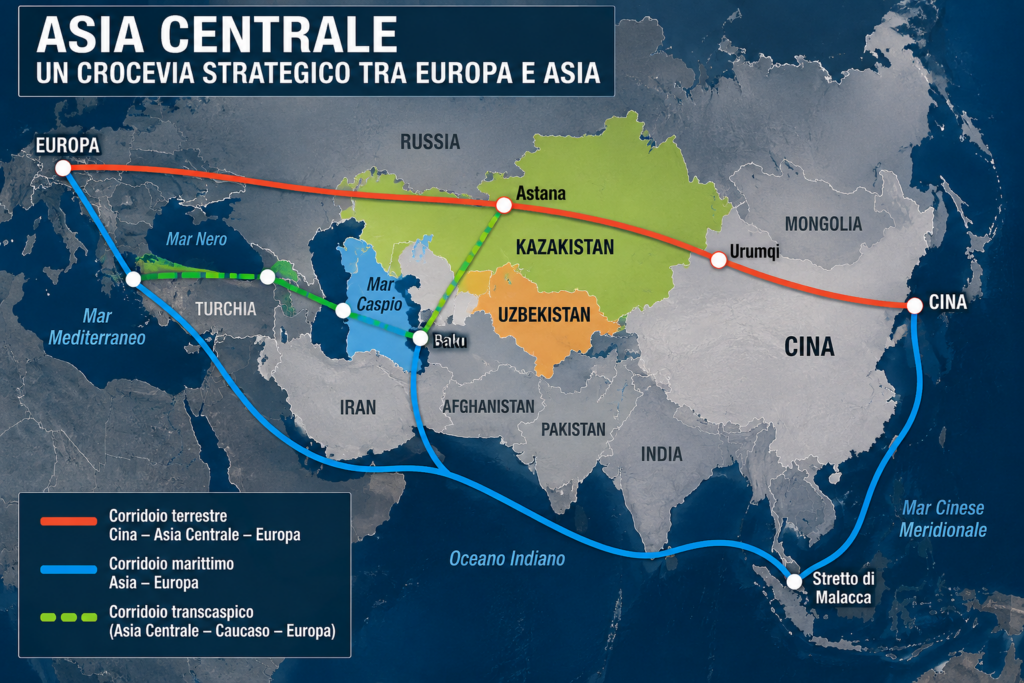 Mappa geopolitica dell'Asia centrale con Kazakistan, Uzbekistan e rotte commerciali terrestri e marittime tra Cina ed Europa.