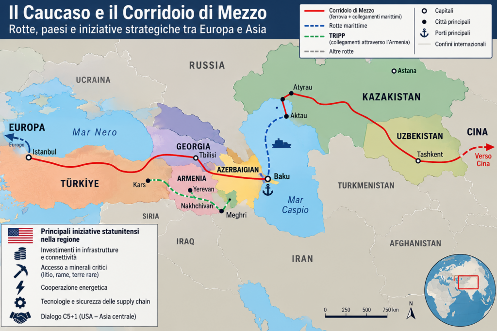 Mappa del Caucaso con Azerbaigian, Armenia, Georgia, Corridoio di Mezzo, progetto TRIPP e collegamenti strategici tra Asia centrale ed Europa.