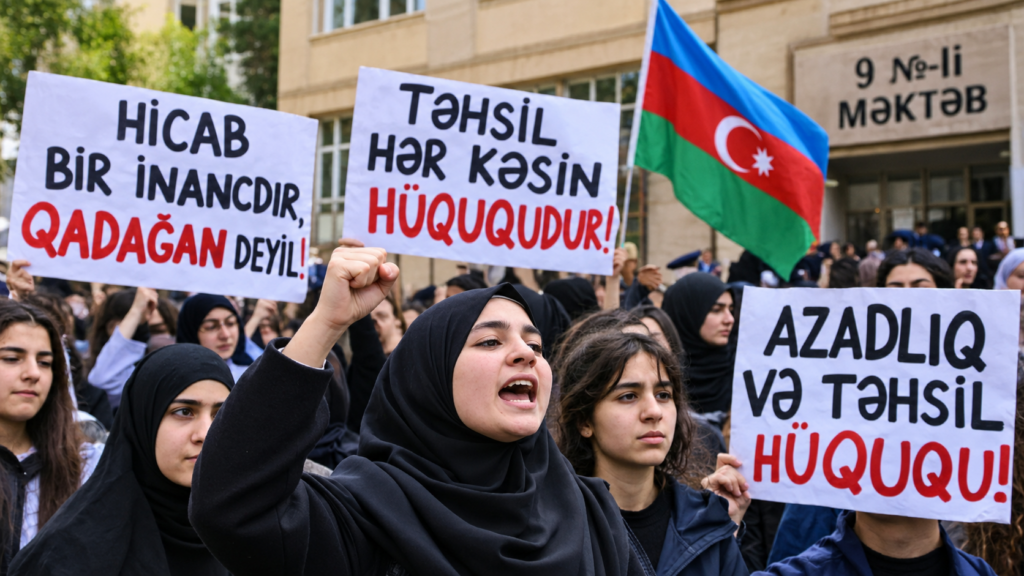 Immagine illustrativa di una manifestazione in Azerbaigian contro le restrizioni sull'hijab nelle scuole, con studentesse e cartelli di protesta