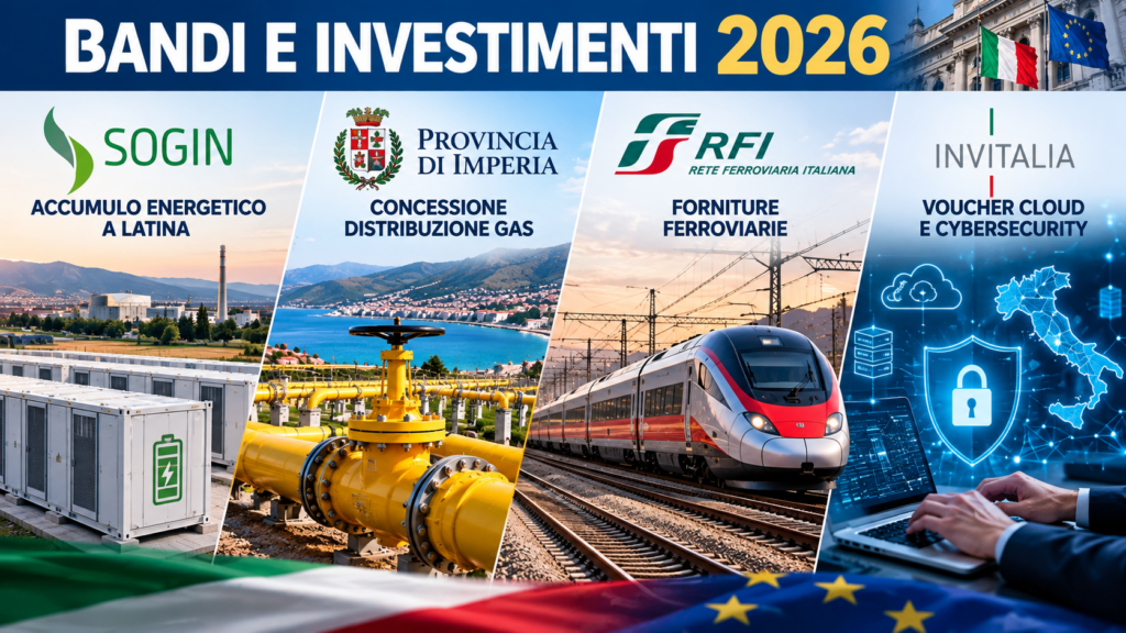 Grafica sui bandi 2026 con Sogin per l'accumulo energetico a Latina, Provincia di Imperia per il gas, RFI per le forniture ferroviarie e Invitalia per cloud e cybersecurity.