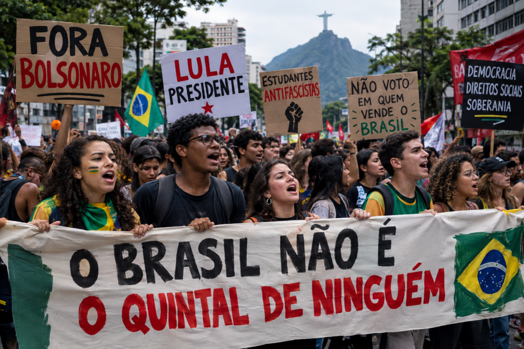 Studenti manifestano nel centro di Rio de Janeiro contro la candidatura di Flávio Bolsonaro e per la difesa della sovranità brasiliana, mostrando striscioni e slogan in vista del ballottaggio del 25 ottobre.