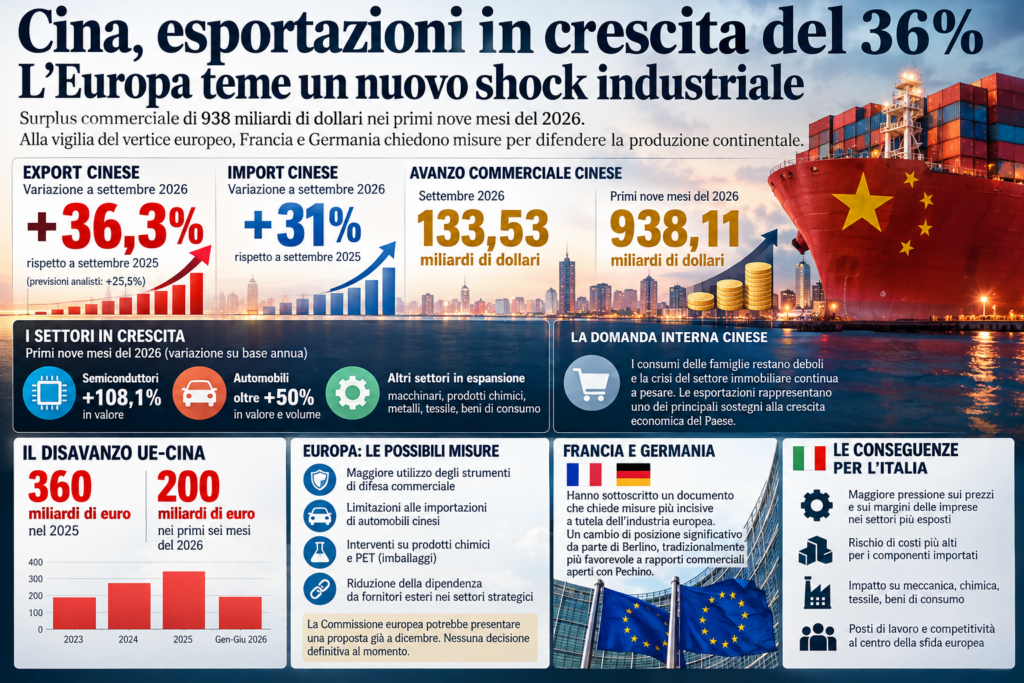 Cina, esportazioni in crescita del 36,3% a settembre 2026 e surplus commerciale di 938 miliardi di dollari: le conseguenze per l'industria europea.