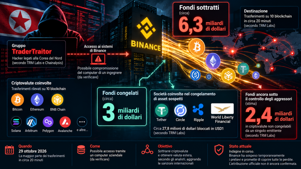 Infografica del cyberattacco a Binance: sospetti sul gruppo TraderTraitor legato alla Corea del Nord, fondi sottratti e congelati, società coinvolte.