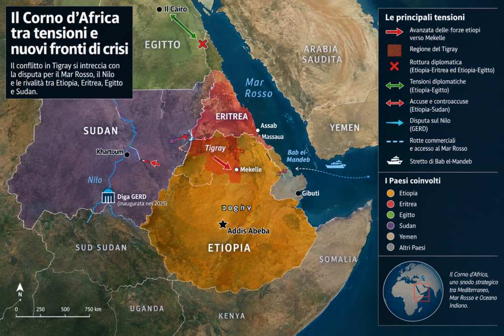 La crisi nel Tigray si intreccia con le tensioni tra Etiopia, Eritrea, Egitto e Sudan, mentre la disputa sul Nilo e l'accesso al Mar Rosso aumentano il rischio di una più ampia instabilità nel Corno d'Africa.