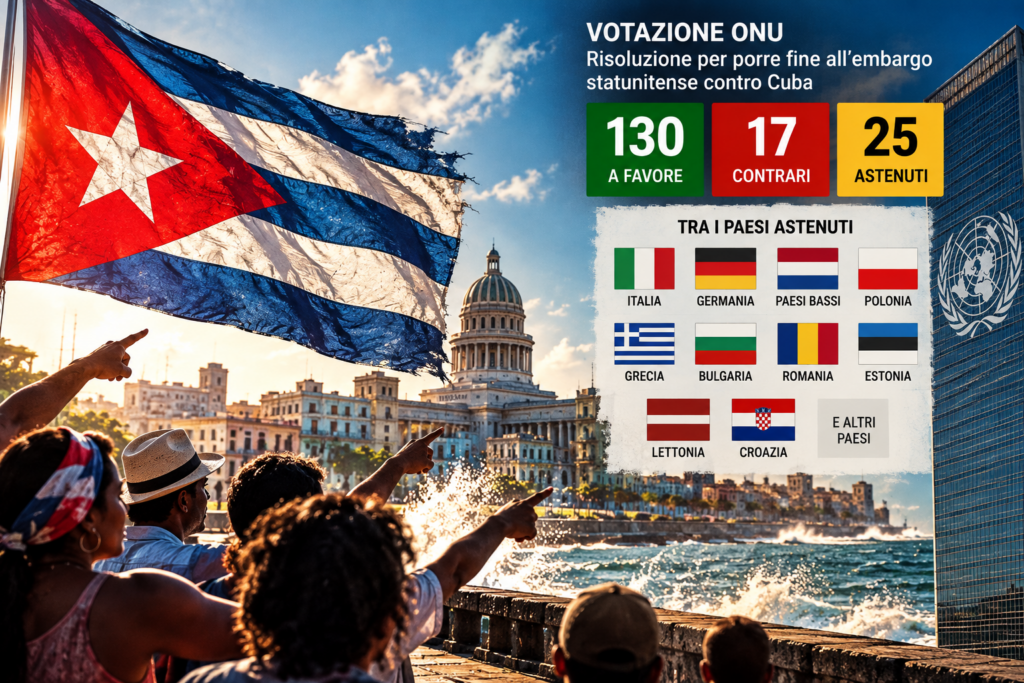 Illustrazione del voto ONU sull'embargo a Cuba: 130 favorevoli, 17 contrari e 25 astenuti, con le bandiere dei Paesi europei astenuti.