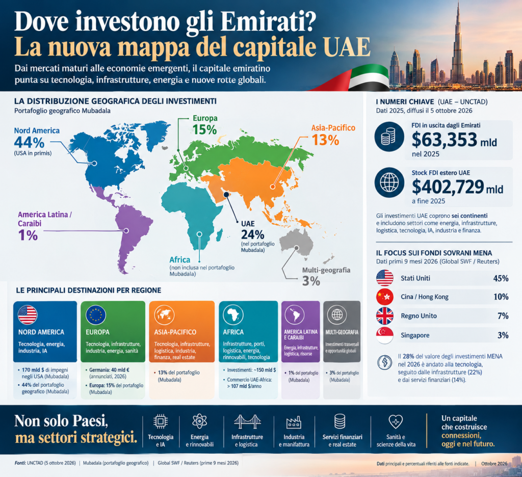 La nuova mappa geografica degli investimenti degli Emirati Arabi Uniti: il Nord America rappresenta il 44% del portafoglio geografico di Mubadala, seguito dall'Europa con il 15% e dall'Asia-Pacifico con il 13%. Nel 2025 gli Emirati hanno registrato 63,353 miliardi di dollari di investimenti diretti esteri in uscita, con uno stock estero di 402,729 miliardi di dollari.