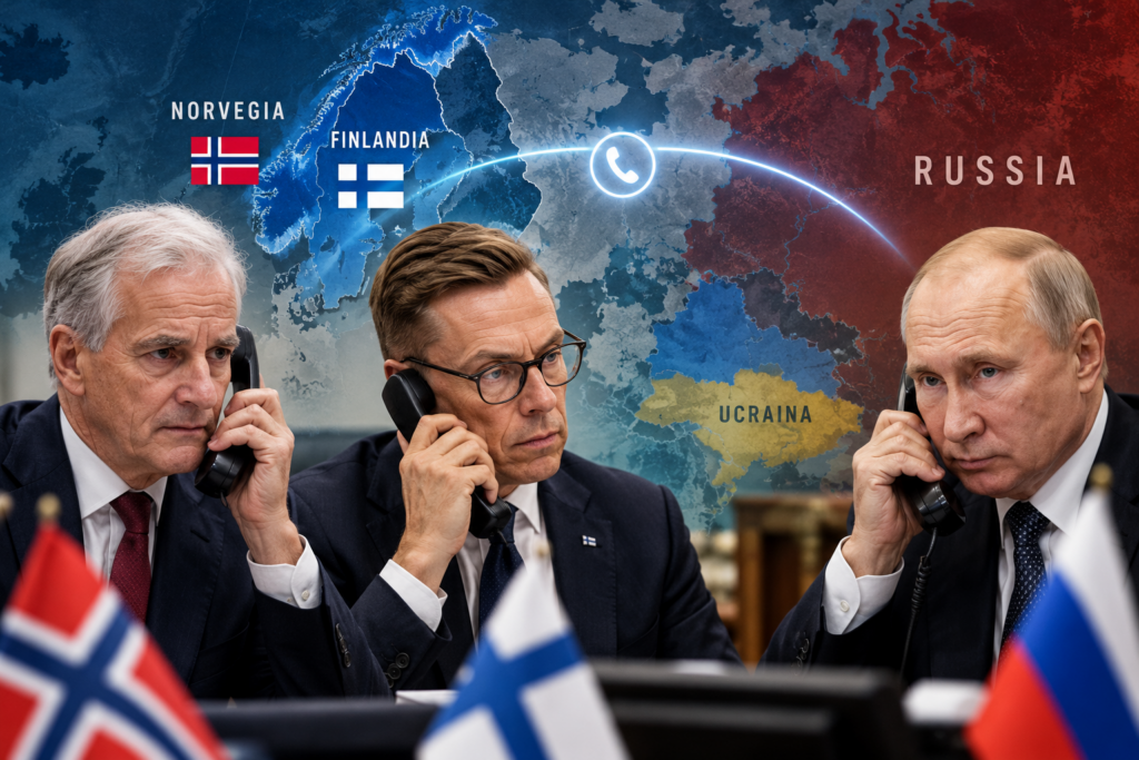 Alexander Stubb, Jonas Gahr Støre e Vladimir Putin in una rappresentazione grafica del contatto telefonico tra Finlandia, Norvegia e Russia.