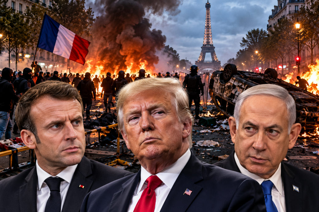 Fotomontaggio illustrativo con Macron, Trump e Netanyahu davanti a una rappresentazione dei disordini a Parigi.