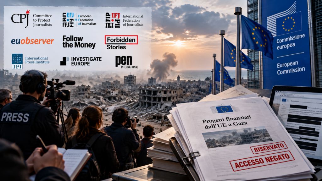 Gaza sullo sfondo, organizzazioni giornalistiche internazionali, bandiere dell'Unione europea e documenti sui progetti finanziati dalla Commissione UE.