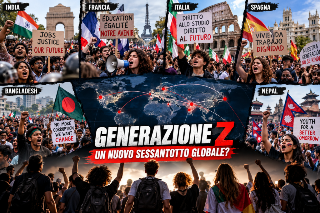 Collage illustrativo delle proteste della Generazione Z in India, Francia, Italia, Spagna, Bangladesh e Nepal, con una mappa mondiale delle mobilitazioni giovanili.